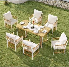 Set modern de mobilier de grădină, 7 piese, cadru alb din fier cu cotiere împletite, 1 masă+6 scaune, Bej+Culoare naturală