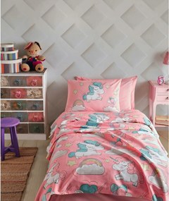 Set cuvertura pat UNICORNIO, roz, bumbac, 160x235 cm, cu cearsaf si fa