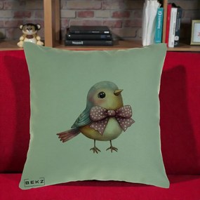 Perna Decorativa Pasare Bleu cu Fundita Roz, 40x40 cm, Verde, Husa Detasabila, Perna Inclusa, BEKZ®
