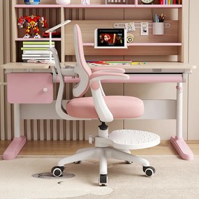 Scaun ergonomic pentru copii, spatar relgabil adancime, suport picioare reglabil, rotativ, Roz