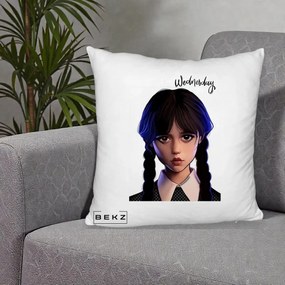 Perna Personalizata Wednesday Addams Portret Realist, 40x40 cm, Alb Pufos, Husa Detasabila, Perna Inclusa, BEKZ®