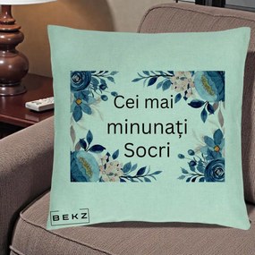Cadou pentru Socri - Perna Personalizata Cei mai Minunati Socri cu Flori Albastre si Roz, 40x40 cm, Verde Menta, Husa Detasabila, Perna Inclusa, BEKZ®