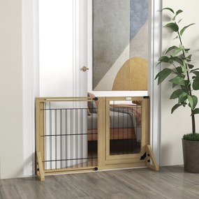 PawHut Gard Extensibil pentru Câini, Gard de Siguranță pentru Animale cu Ușă și 2 Panouri, Picioare Triangulare, 112-159x70 cm, Lemn Natural | Aosom Romania