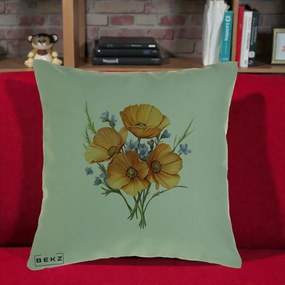 Perna Decorativa Maci Portocalii cu Floricele Albastre, 40x40 cm, Verde, Husa Detasabila, Perna Inclusa, BEKZ®