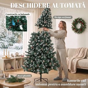 HOMCOM Brad Crăciun Artificial 210cm, 998 Ramuri Ninse Conuri Pin, Deschidere Automată, Bază Pliabilă, Verde | Aosom Romania