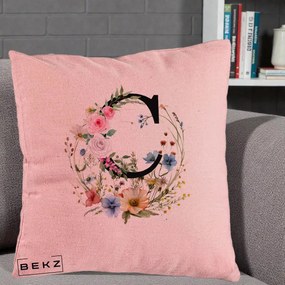 Cadou Personalizat - Perna Personalizata Monogram Litera C cu Flori Acuarela, 40x40 cm, Roz, Husa Detasabila, Perna Inclusa, BEKZ®