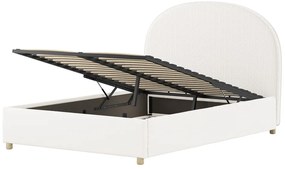 Pat tapițat pentru copii MOON, 140 x 200 cm, alb, cu țesătură bouclé și spațiu de depozitare – Vipack