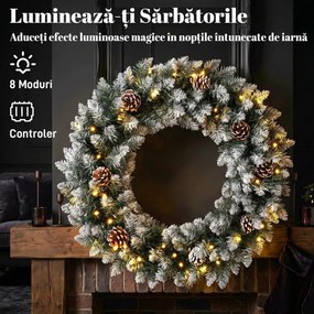 HOMCOM Coroniță de Crăciun 60 cm cu lumini LED, 8 moduri, 140 ramuri, conuri de pin, verde | Aosom Romania