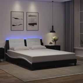 3214122 vidaXL Cadru de pat cu LED, negru și alb, 160x200 cm, piele ecologică