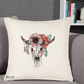 Perna Decorativa Craniu Boho Floral, 40x40 cm, Crem Reliefat, Husa Detasabila, Perna Inclusa, BEKZ®