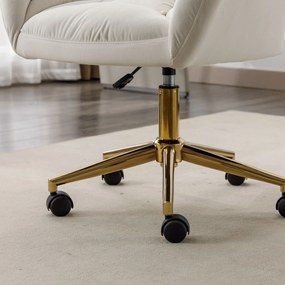 Scaun rotativ reglabil pe înălțime, din material de catifea și picioare aurii, design ergonomic, pentru birou, dormitor, 62x64x88-97 cm, Fildeș