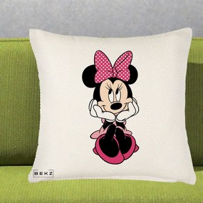 Perna Personalizata Minnie Mouse cu Fundita, 40x40 cm, Crem Reliefat, Husa Detasabila, Perna Inclusa, BEKZ®
