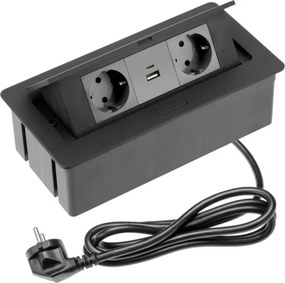 Priză încorporabilă în blat Soft GTV, 2 prize Schuko, USB A + C, negru, 250 x 130 mm Negru, Aluminiu/Plastic, L:250 mm; l:130 mm; H:73 mm