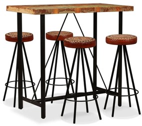 vidaXL Set de bar 5 piese lemn masiv reciclat, piele naturală și pânză