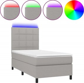 vidaXL Pat cu arcuri, saltea și LED, gri deschis, 90x200 cm, textil