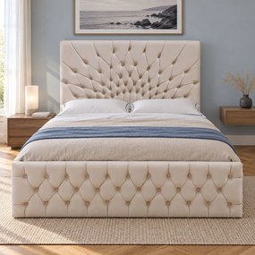 Pat tapițat Chesterfield din catifea Venezia 180×200 cm, crem, cu ladă de depozitare