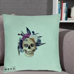 Perna Decorativa Craniu Floral cu Trandafiri si Ciuperci, 40x40 cm, Verde Menta, Husa Detasabila, Perna Inclusa, BEKZ®