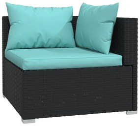 Set mobilier de gradina cu perne, 6 piese, negru, poliratan negru si albastru acvatic, 2x colt + 2x mijloc + suport pentru picioare + masa, 1