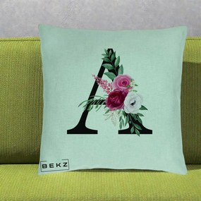 Cadou Personalizat - Perna Personalizata Monograma Florala Litera A, 40x40 cm, Verde Menta, Husa Detasabila, Perna Inclusa, BEKZ®