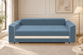 Canapea extensibilă Ondina din stofă, albastru deschis + crem, cu ladă de depozitare