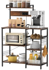 HOMCOM Raft pentru bucătărie, raft independent cu 2 prize, 5 cârlige S, 5 polițe, coș, bare în X, oțel 90 x 42 x 130 cm | Aosom Romania