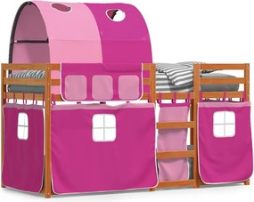 vidaXL Pat supraetajat cu perdele, roz, 90x200 cm, lemn masiv pin