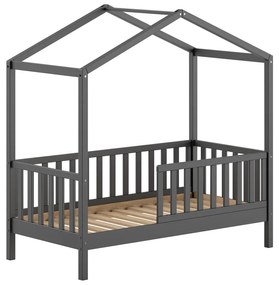 Pat pentru copii gri antracit de tip casă din lemn de pin cu somieră 70x140 cm DALLAS – Vipack