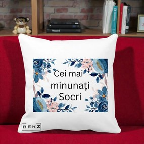 Cadou pentru Socri - Perna Personalizata Cei mai Minunati Socri cu Flori Albastre si Roz, 40x40 cm, Alba Mata, Husa Detasabila, Perna Inclusa, BEKZ®