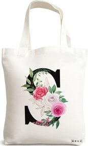 Sacosa de Panza pentru Cumparaturi, Geanta Tote, Cu litera S si Trandafiri, 38x34.5 cm, Alba, BEKZ®