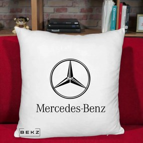 Perna Personalizata cu emblema Mercedes-Benz, 40x40 cm, Alb Pufos, Husa Detasabila, Perna Inclusa, BEKZ®