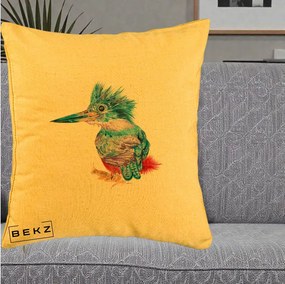 Perna Decorativa Pasare Martin Pescar Acuarela Albastru-Mov, 40x40 cm, Galben, Husa Detasabila, Perna Inclusa, BEKZ®