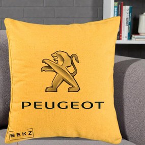 Perna Personalizata cu emblema Peugeot, 40x40 cm, Galben, Husa Detasabila, Perna Inclusa, BEKZ®