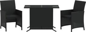 vidaXL Set bistro cu perne, 3 piese, negru, poliratan