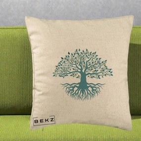 Perna Decorativa Copacul Vietii Teal cu Radacini, 40x40 cm, Bej, Husa Detasabila, Perna Inclusa, BEKZ®
