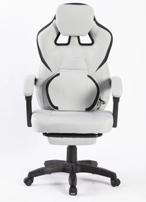 Scaun gaming, suport lombar cu masaj, rabatabil 90°-135°, suport picioare, material textil respirabil, Gri deschis