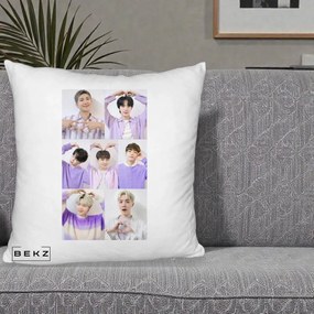 Perna Personalizata K-pop BTS Colaj 7 Portrete cu Inimi Lila, 40x40 cm, Alb Pufos, Husa Detasabila, Perna Inclusa, BEKZ®