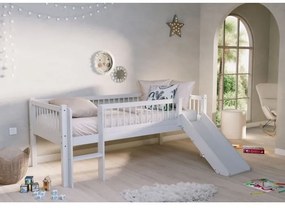 Pat Semi-Înălțat (Mid-Sleeper) cu Tobogan și Scară Forrest Beech pentru Camera Copii, 90x200 cm, din Lemn Masiv de Fag, Alb – Vipack