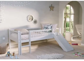 Pat Semi-Înălțat (Mid-Sleeper) cu Tobogan și Scară Forrest Beech pentru Camera Copii, 90x200 cm, din Lemn Masiv de Fag, Alb – Vipack
