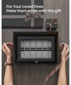 Cutie Pentru Ceasuri Cu Capac Din Sticla, Piele Sintetica Neagra, Captuseala Gri, 30.2 Cm