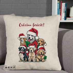 Perna Decorativa Caini cu Bonete Craciun Fericit, 40x40 cm, Bej Canapea, Husa Detasabila, Perna Inclusa, BEKZ®