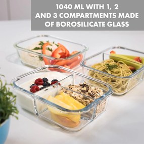 Glaswerk Hopewell, caserole pentru alimente, set de 3 bucăți, 1040 ml, sticlă borosilicată, capac, geantă
