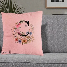Cadou Personalizat - Perna Personalizata Monogram Litera C cu Flori Acuarela, 40x40 cm, Roz, Husa Detasabila, Perna Inclusa, BEKZ®