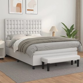 vidaXL Pat box spring cu saltea, alb, 140x200 cm, piele ecologică