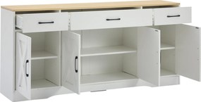 Bufet modern în design scandinav-industrial, cu 3 sertare și 4 uși, 160x37x75 cm, Alb