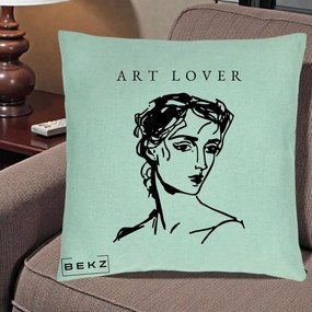 Perna Decorativa Art Lover Portret Grafic, 40x40 cm, Verde Menta, Husa Detasabila, Perna Inclusa, BEKZ®