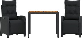 vidaXL Set mobilier de grădină cu perne, 3 piese, negru, poliratan