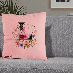 Cadou Personalizat - Perna Personalizata Monogram Litera L cu Flori Acuarela, 40x40 cm, Roz, Husa Detasabila, Perna Inclusa, BEKZ®