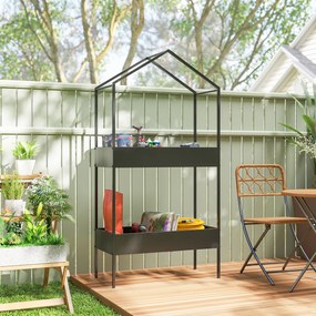 Outsunny Suport plante 2 niveluri în formă de casă, înalt 150 cm, suport flori cu cârlig, metal, Negru | Aosom Romania