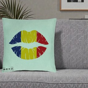 Perna Personalizata Buze Tricolor Romania, 40x40 cm, Verde Menta, Husa Detasabila, Perna Inclusa, BEKZ®