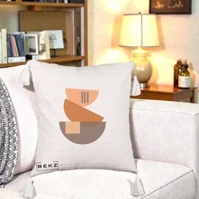 Perna Decorativa Geometric Bauhaus Boluri Portocaliu, 40x40 cm, Bej cu Franjuri, Husa Detasabila, Perna Inclusa, BEKZ®